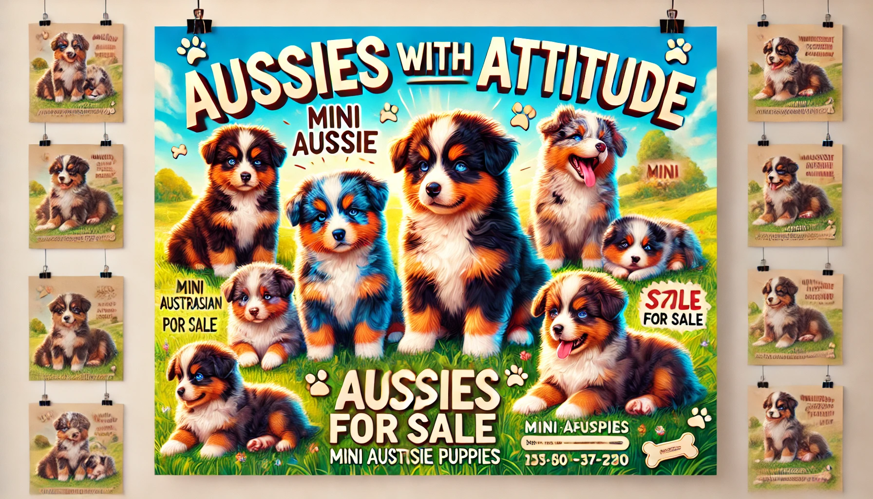 DALL·E 2024-07-08 11.21.39 - A vibrant and attractive sales poster for 'Aussies with Attitude' Mini Aussie puppies. The poster features adorable, playful Mini Australian Shepherd Willkommen bei Aussies with Attitude: Ihr seriöser Hundezüchter für Mini Aussie Welpen